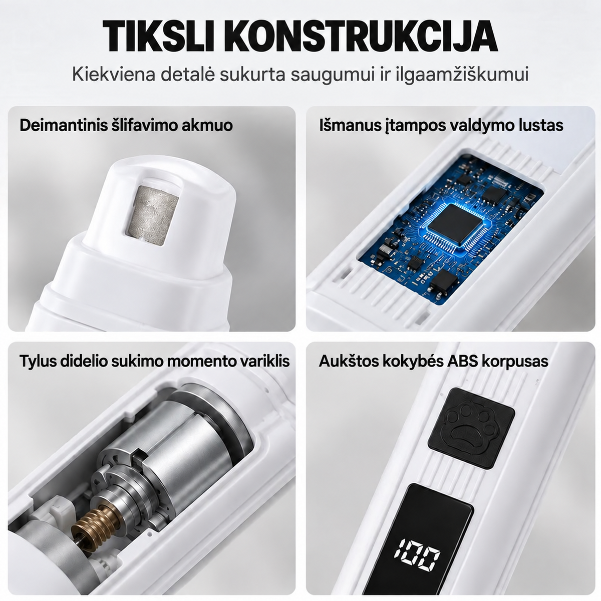 Tiksli augintinių nagų šlifuoklio konstrukcija