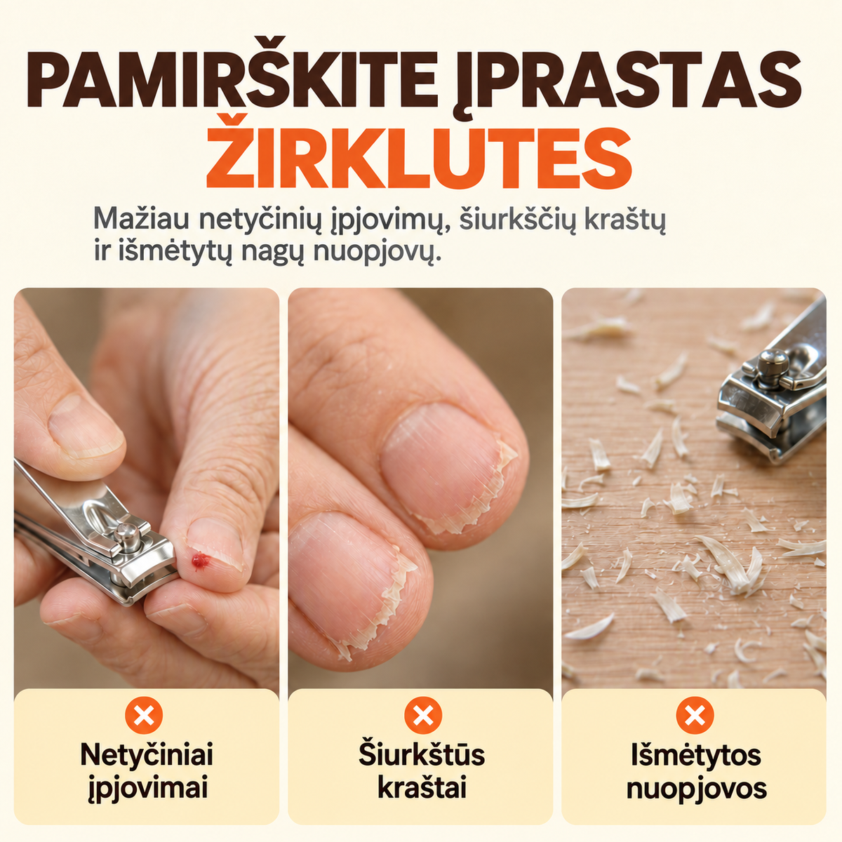Pamirškite įprastas nagų žirklutes