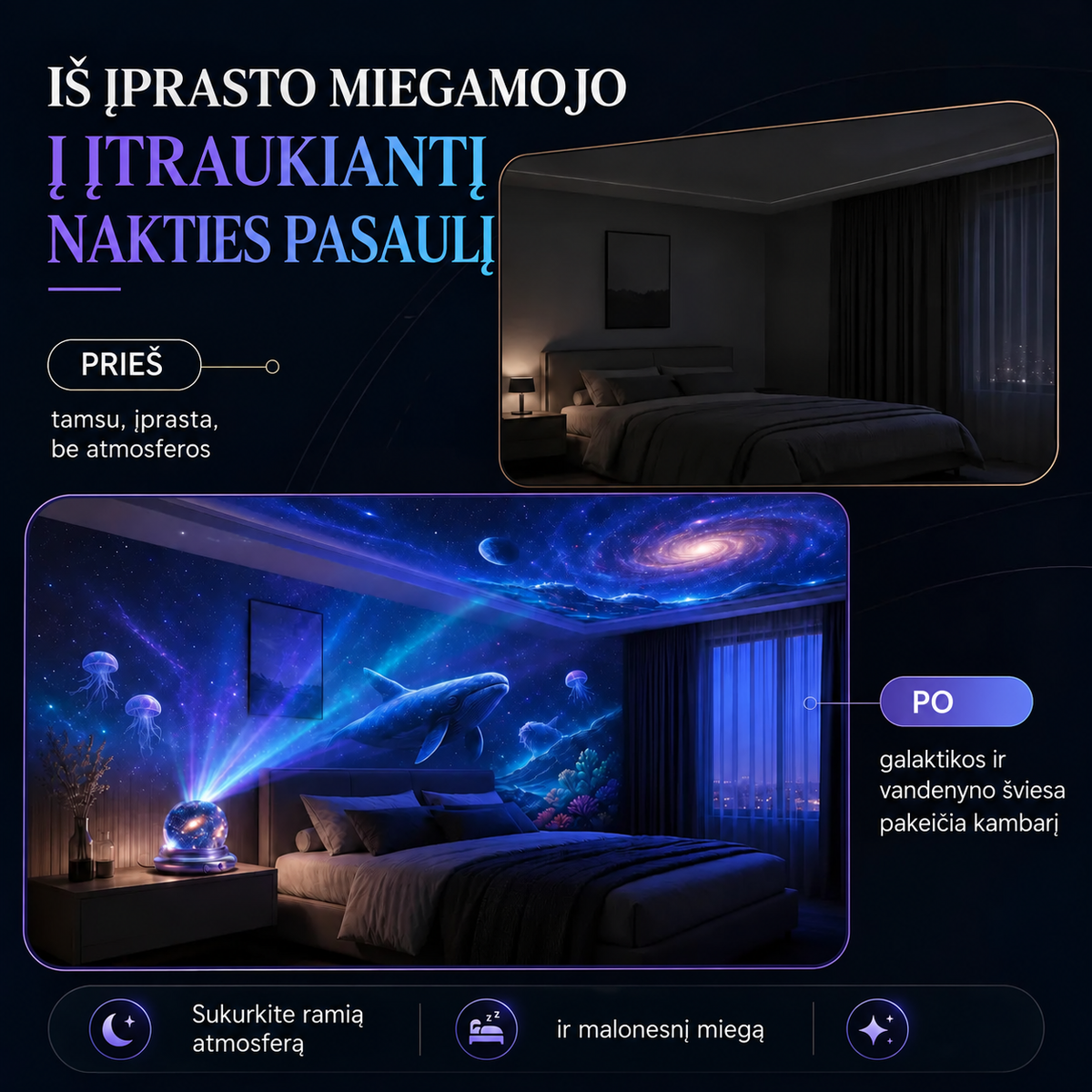 Miegamojo transformacija su projektoriumi