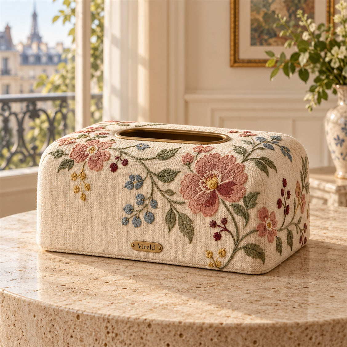 Vireld Camille Embroidered Floral Tissue Box Cover